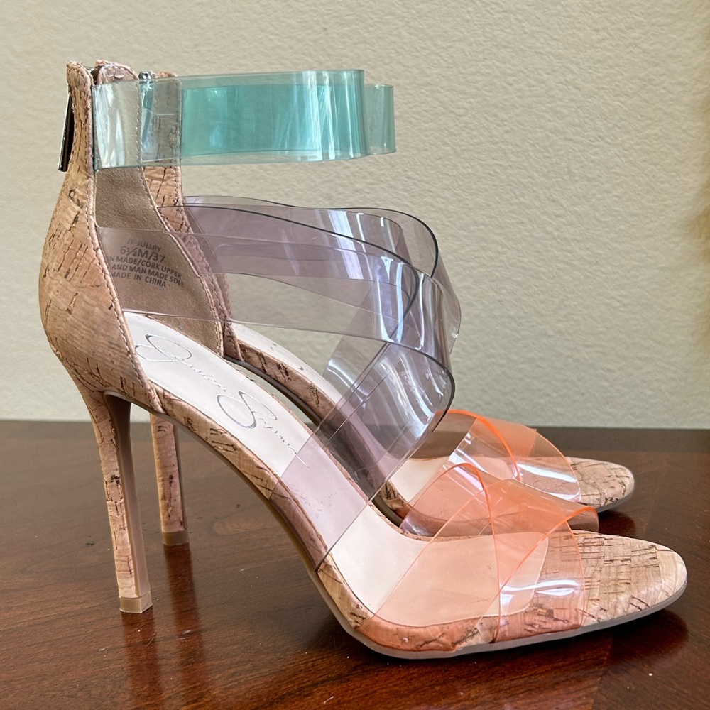Jessica Simpson colored clear criss cross ankle strap heels